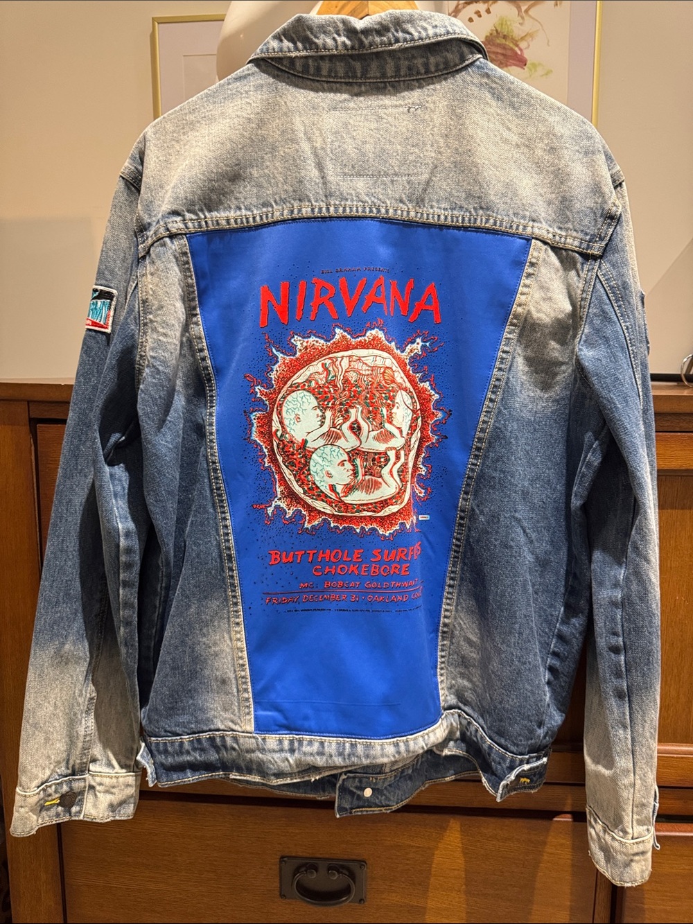 Nirvana Distressed Light Blue Denim Box Cut Jacket with Patch & Pin Details